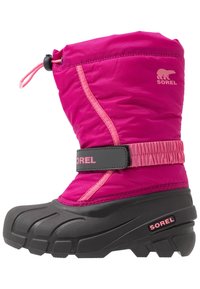 Botte d'hiver imperméable rose avec un dessus en nylon matelassé, semelle en caoutchouc, sangle élastique et fermeture par cordon en haut pour un ajustement réglable.