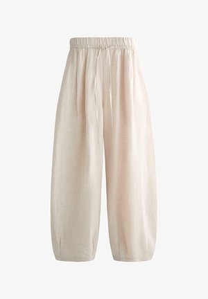 Lockere beige Leinenhose mit elastischem Bund und Kordelzug, weite Beine, die sich zu den Knöcheln leicht verjüngen, legerer und bequemer Stil.