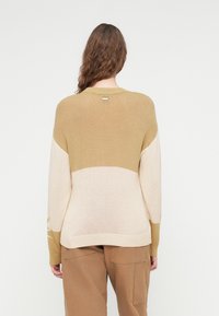 Πλεκτό πουλόβερ με σχέδιο σε μπεζ και ελιά πράσινο χρώμα. Στρογγυλή λαιμόκοψη, ριμπ μανσέτες και διακοσμητικό μεταλλικό στοιχείο στο πίσω μέρος.