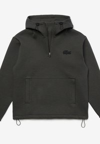 Pull à capuche gris foncé, en tissu texturé. Comprend une demi-fermeture éclair, une poche kangourou et des cordons réglables à la capuche et à l'ourlet.