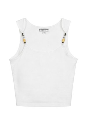 Top corto blanco sin mangas con escote redondeado y detalles de cuentas en las costuras de las tiras, talla pequeña, etiqueta de la marca Bosanova visible.