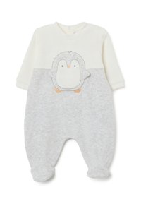 Grau-weißer Overall mit einem Pinguin-Stickerei auf der Vorderseite, aus weichem Stoff gefertigt, mit langen Ärmeln und Füßchen-Design.