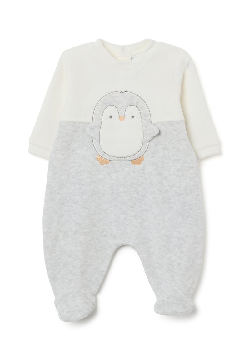 Grau-weißer Overall mit einem Pinguin-Stickerei auf der Vorderseite, aus weichem Stoff gefertigt, mit langen Ärmeln und Füßchen-Design.