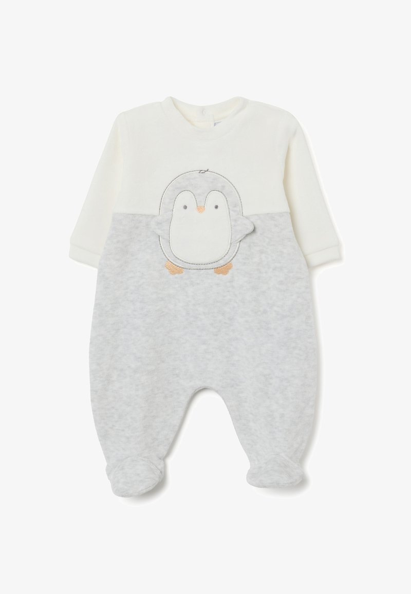 Tutina grigia e bianca con ricamo di un pinguino sul davanti, realizzata in tessuto morbido, con maniche lunghe e design con piedi.