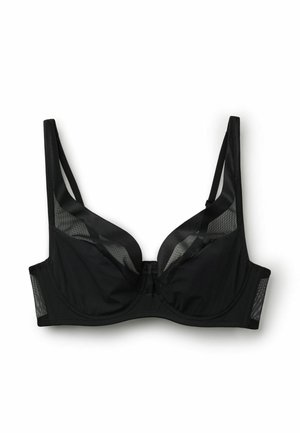 Sujetador negro con aros y paneles de malla transparente, con tirantes ajustables, diseñado para brindar soporte y cobertura ligera.