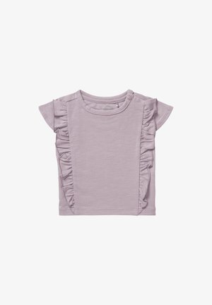 Lila t-shirt met korte mouwen met ruches aan de zijkanten, ronde hals en drukknoopsluiting op de schouder. Zachte katoenen stof.