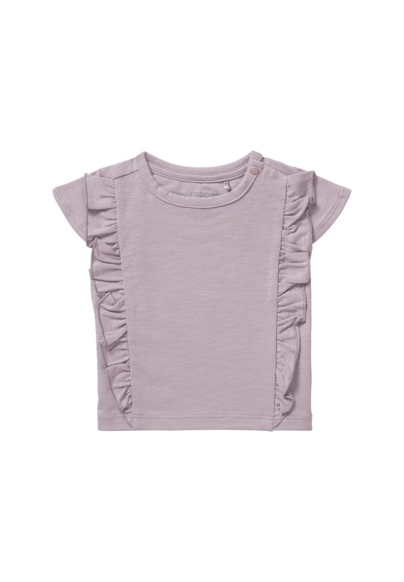 Lila t-shirt met korte mouwen met ruches aan de zijkanten, ronde hals en drukknoopsluiting op de schouder. Zachte katoenen stof.
