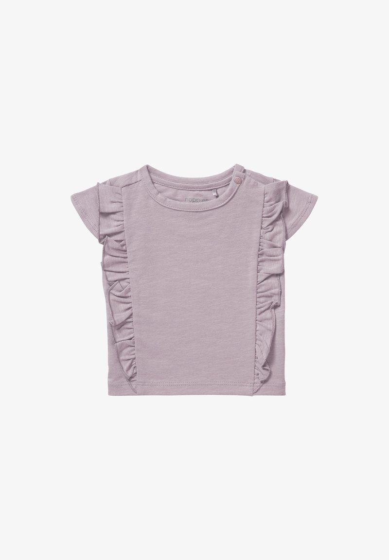 Liliowa bluzka z krótkim rękawem z falbanami po bokach, okrągłym dekoltem i zapięciem na napy przy ramieniu. Wykonana z miękkiej bawełny.