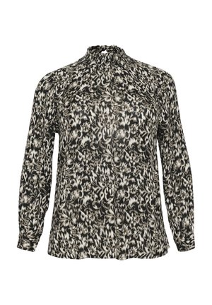 Bluză din material floral alb-negru cu mânecă lungă, cu gât strâns, stofă fluidă și textură subtilă. Prezintă o croială lejeră și manșete cu nasturi.