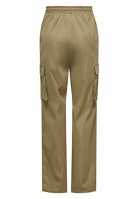 Pantaloni cargo khaki con vita elastica, dotati di due tasche laterali e un tessuto liscio e leggero. Design semplice e funzionale.