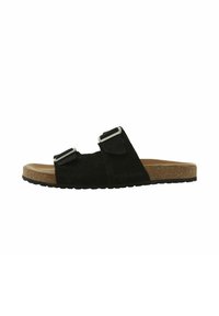 Sandale à glissière en daim noir avec deux boucles réglables, semelle en liège et semelle en caoutchouc texturé, arborant le logo Jack & Jones sur le côté.