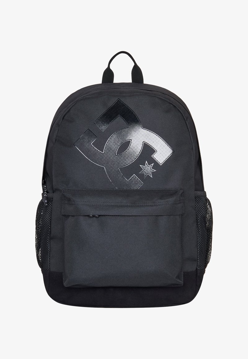 Black fabric backpack with a large, glossy black graphic and star design on the front, featuring a front pocket and mesh side pockets.