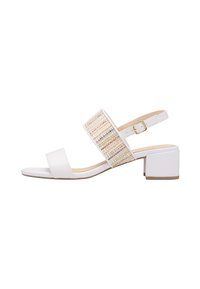 Sandales à talons blancs avec une bande tissée à motifs, bout ouvert et une sangle à boucle ajustable. Talon bloc pour la stabilité.
