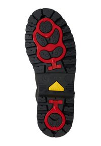 Schwarze Gummistiefelsohle mit tiefem Profil, versehen mit roten und gelben Hardware-Akzenten und einem strukturierten Design für gute Haftung.
