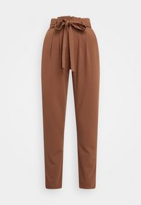 Pantaloni marroni a vita alta con cintura annodata, gambe affusolate, tessuto morbido e pieghe frontali. Tessitura liscia e design minimalista.