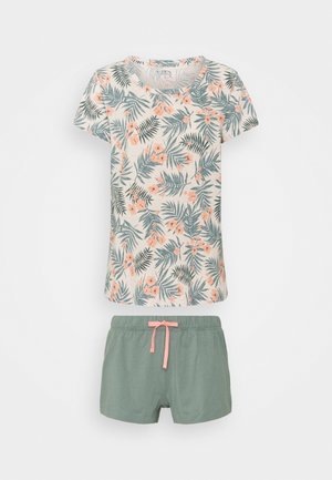 Two-piece sleepwear set: short-sleeve cream top with green and pink tropical floral print, paired with green shorts featuring a pink drawstring.