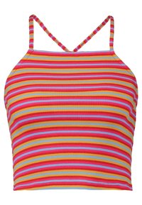 Top corto acanalado con rayas horizontales multicolor en rosa, amarillo y azul. Tirantes finos tipo espagueti con un diseño ajustado.
