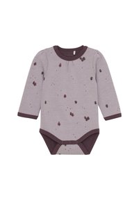 Langarm baby rompertje in lichtlavendel met donkerpaarse afwerking. Beschikt over een boompatroon in tinten groen en magenta. Van katoen.