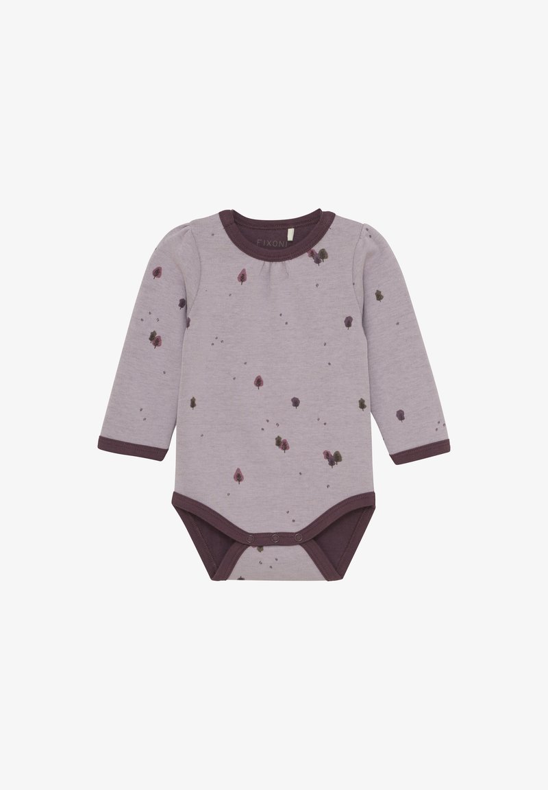 Långärmad baby bodysuit i ljus lavendel med mörklila kant. Har ett trädmönster i nyanser av grönt och magenta. Tillverkad av bomull.