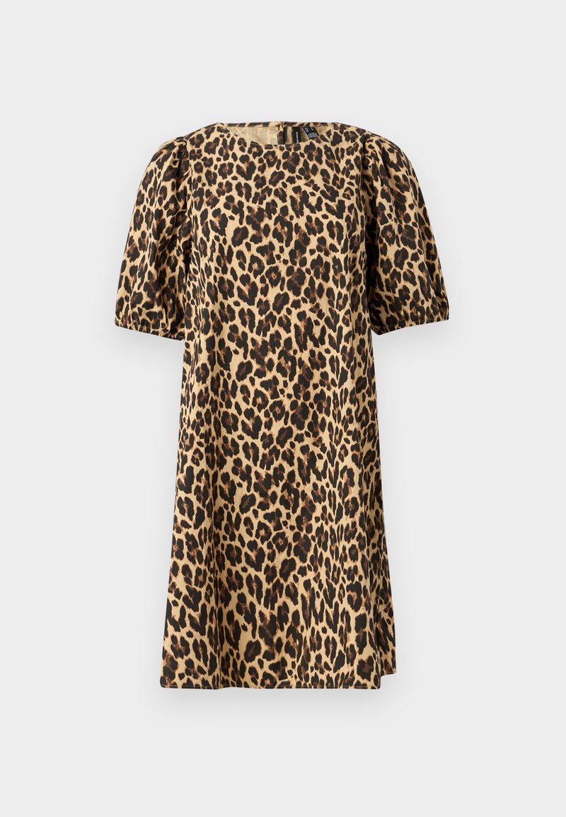 Leopardenmuster-Kleid aus glattem Stoff. Mit Rundhalsausschnitt, puffärmeligen kurzen Ärmeln und einer A-Linien-Silhouette. Die Farben sind Beige und Schwarz.