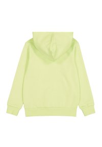 Sudadera verde lima con capucha ajustable, puños acanalados y dobladillo. Textura de tela suave, color sólido, sin patrones ni logotipos.