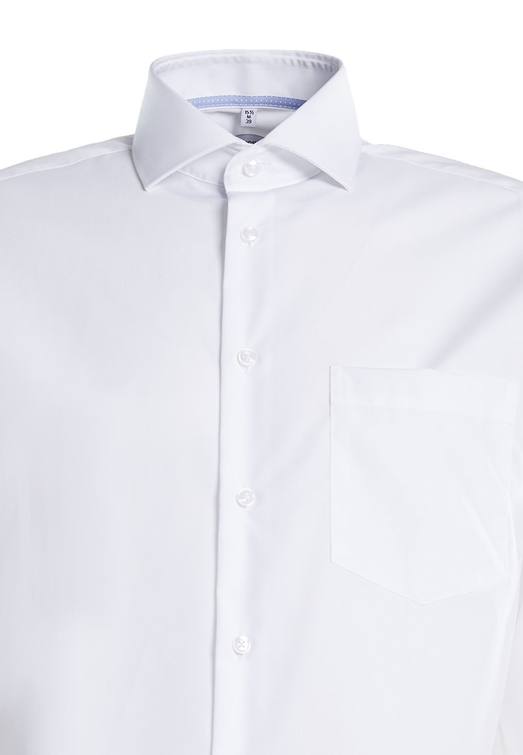 Weißes Hemd mit klassischem Kragen, einer einzelnen Brusttasche und glattem Stoff. Verfügt über Perlmuttknöpfe und einen dezenten kontrastierenden Innenkragen.