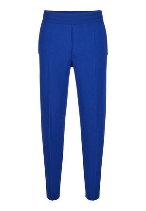 Blaue, taillierte Hose aus weichem Material mit breitem elastischem Bund und gefälteltem Vorderteil. Verfügt über Seitentaschen und eine glatte Textur.