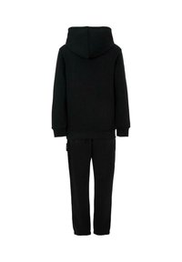 Czarny zestaw dresowy składający się z bluz z kapturem i pasujących spodni. Wykonany z miękkiego materiału z elastycznymi mankietami i luźnym krojem.