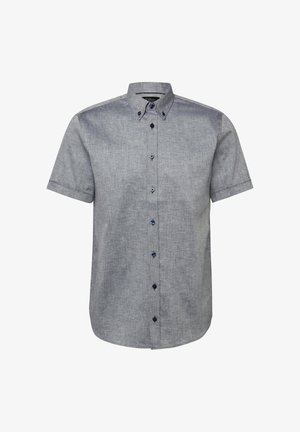 Kurzärmliges Hemd aus hellgrauem Stoff mit Button-Down-Kragen und dunklen Knöpfen vorne.