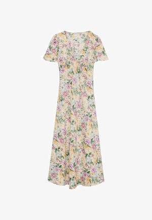 Kvetinové šaty s krátkymi rukávmi, výstrihom do V a splývavým strihom. Žlté, ružové a zelené kvetinové vzory na krémovej látke.