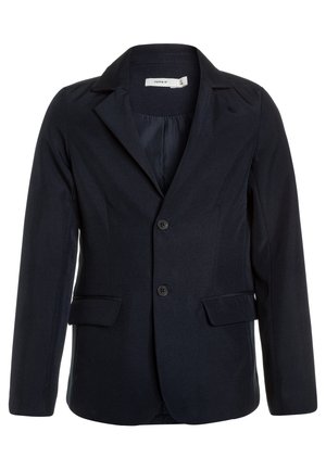 Navy blue women's blazer with notch lapels, two front flap pockets, and two-button closure, tailored fit.