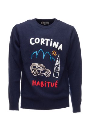 Maglione a maglia blu navy con grafiche ricamate colorate: "CORTINA," montagne, sole, veicolo d'epoca e torre della chiesa, con il testo "HABITUÉ".
