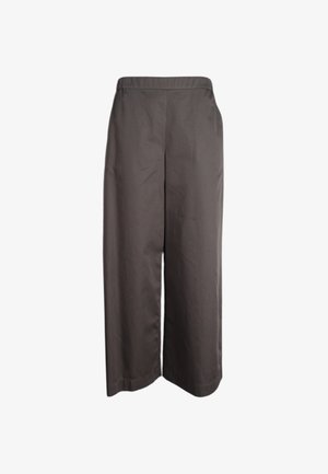 Pantaloni ampi alla caviglia grigi realizzati in tessuto leggero, con una vita elasticizzata per il comfort e un frontale piatto. Nessun motivo o accentuazione visibile.