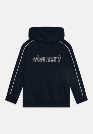 Marineblå hættetrøje med hvide striber på ærmerne, front lomme og "element" logo tekst centralt på brystet.