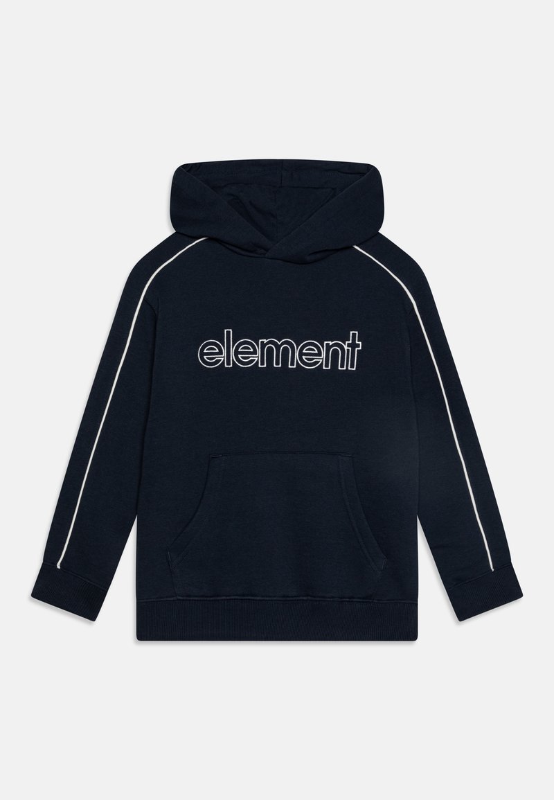 Sweat à capuche bleu marine avec passepoil blanc sur les manches, poche kangourou sur le devant et texte logo "element" centré sur la poitrine.