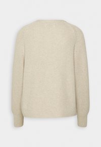 Pull beige tricoté avec une finition texturée, présentant un col rond et des manches longues. Vue de dos montrant un design simple et épuré.