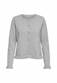 Grijze cardigan met een ronde hals, knopen aan de voorkant en een gerimpelde zoom en manchetten. Gemaakt van zacht materiaal, met een eenvoudig, klassiek ontwerp.