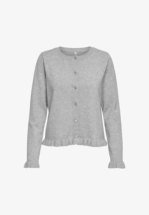 Cardigan grigio con collo rotondo, chiusura a bottoni e orlo e polsini a volant. Realizzato in materiale morbido, presenta un design semplice e classico.