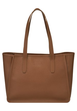 Brązowa torba shopper z skóry z dwoma długimi uchwytami, teksturowaną powierzchnią i prostokątnym kształtem.