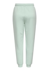 Svetlo zelene športne hlače z elastiko v pasu, zoženimi manšetami in gladko teksturo. Enostaven dizajn brez vzorcev ali poudarkov.