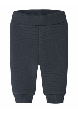Pantalon bébé gris foncé texturé avec taille élastique côtelée et poignets sur fond blanc.