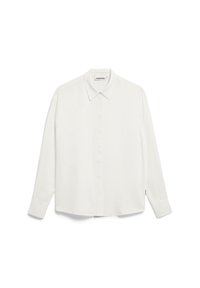 Camicia bianca a maniche lunghe con colletto, realizzata in tessuto liscio. Presenta una chiusura frontale con bottoni e un orlo arrotondato, con una discreta etichetta del logo sul lato.
