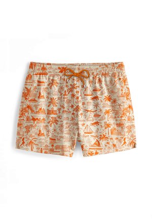 Herren-Schwimmshorts in Beige mit einem orangefarbenen Retro-Druck von Palmen, Booten und Wahrzeichen. Mit elastischem Bund und Kordelzug.