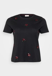 Svart kortärmad t-shirt med spridda röda rosor i paljettbroderi och rund halsringning.