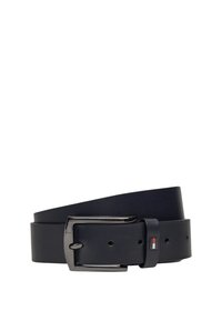 Cintura in pelle blu navy con texture liscia, fibbia rettangolare in argento e logo del marchio in rosso, bianco e blu sulla cinghia.