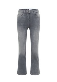 Grijze denim flare jeans hebben een medium taille, zijzakken en een knoopsluiting. De stof heeft een zachte textuur met een lichte vervaging.