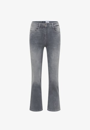 Graue Jeans mit weitem Bein aus Denim haben eine mittelhohe Taille, vordere Taschen und einen Knopfverschluss. Der Stoff hat eine weiche Textur mit leichtem Verblassen.