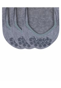 Chaussettes gris invisibles avec une surface texturée, dotées de motifs antidérapants en caoutchouc au bas et d'un bord contrastant vert sur le haut.