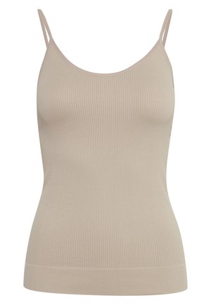Beige ribbed tank top with slim straps, featuring a fitted design and a straight hem. Made from a soft, textured fabric.