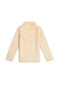 Helle Lammfelljacke mit langen Ärmeln, rundem Kragen und flachen Nähten. Weiche Textur. Rückansicht, ohne sichtbare Verschlüsse oder Verzierungen.